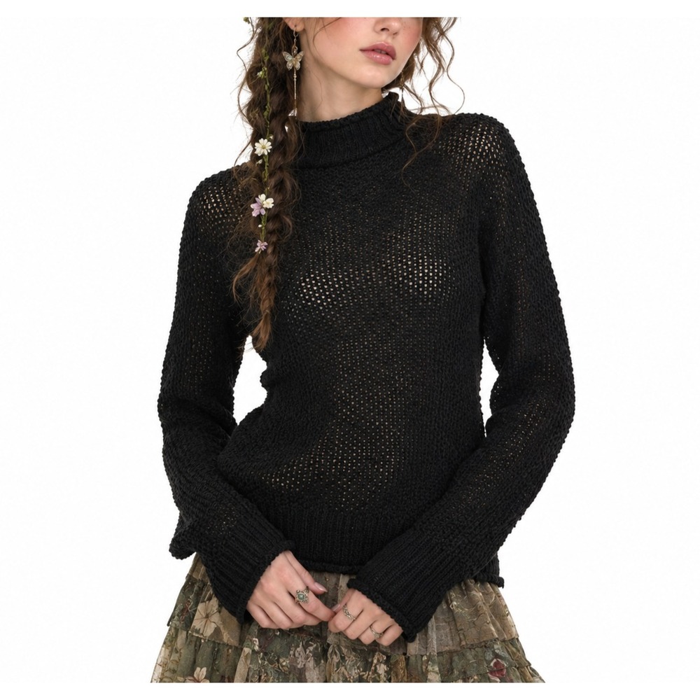 Open-Knit Mesh Mock Neck Sweater Fairy Grunge Goth Dark Academia Whimsigoth Cozy